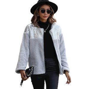 Sequin Zip Up Spliced Fleece Jacket